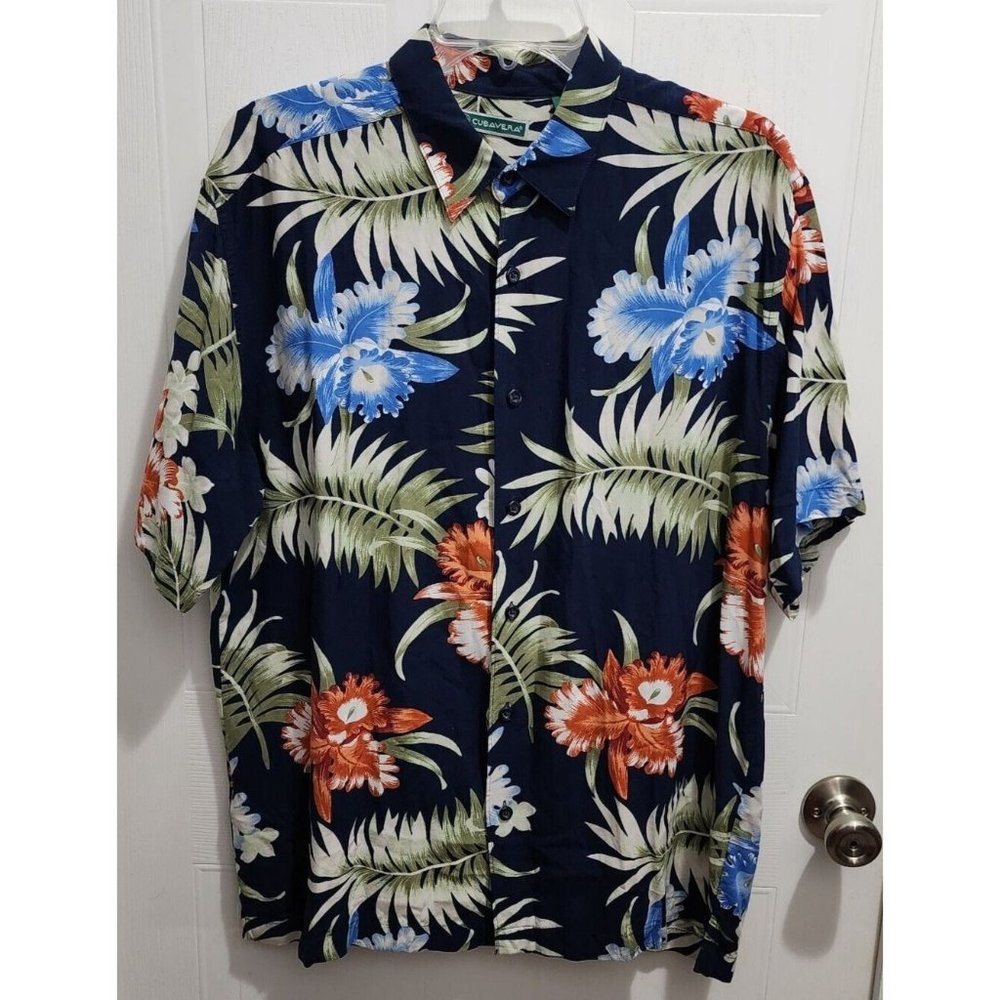 Cubavera Hawaiian Blue Floral Button Up Short Sleeve Shirt Size‎ Medium Viscose